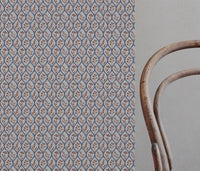 Blue / Orange Floral Linen Curtain Fabric - Miny Blue Terracotta-INV - Natural base fabric.