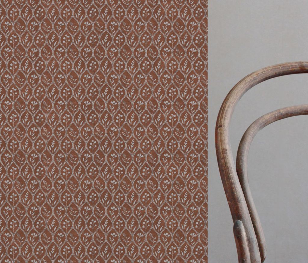 Orange Floral Linen Curtain Fabric - Miny Terracotta - Natural base fabric.