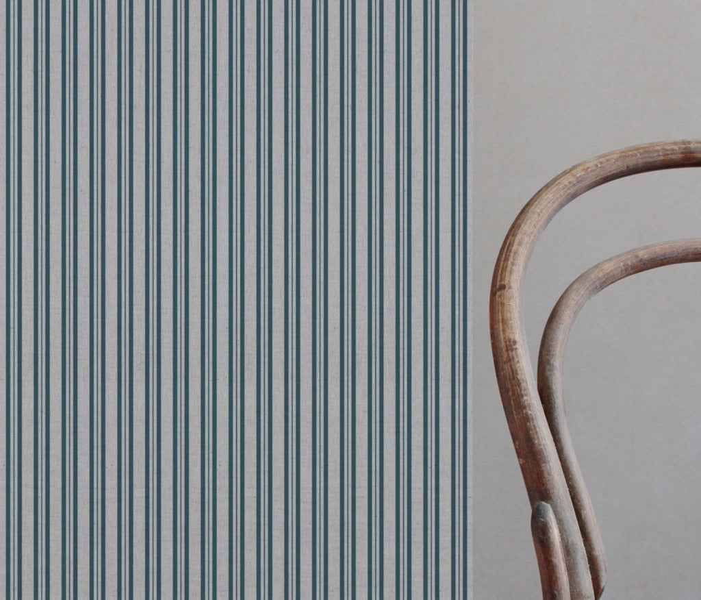 Blue Striped Linen Curtain Fabric - Olga Blue Stone - Natural base fabric.