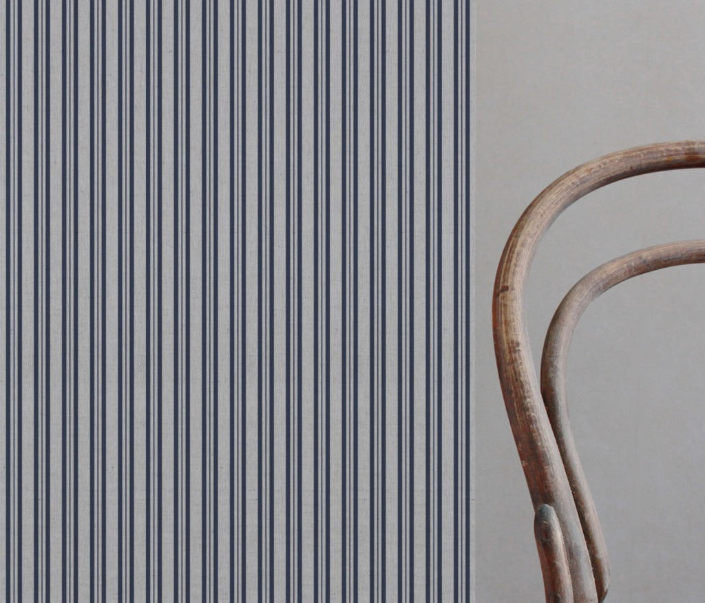Blue Striped Linen Curtain Fabric - Olga Deep Blue - Natural base fabric.