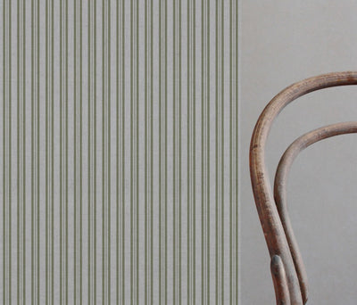 Green Striped Linen Curtain Fabric - Olga Olive - Natural base fabric.