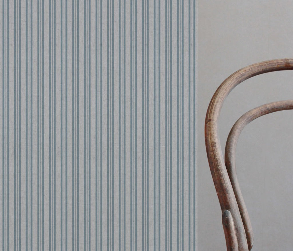 Blue Striped Linen Curtain Fabric - Olga Sky - Natural base fabric.