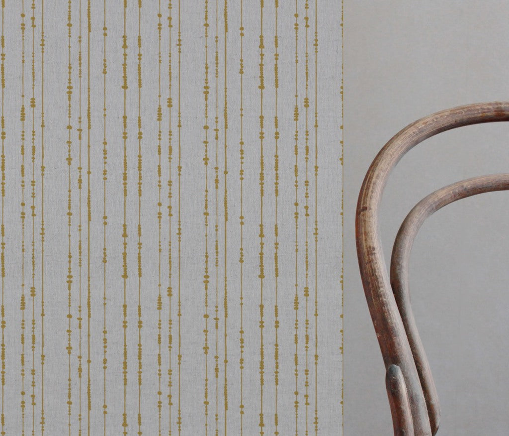 Yellow Patterned Linen Curtain Fabric - Pearls Mustard - Natural base fabric.