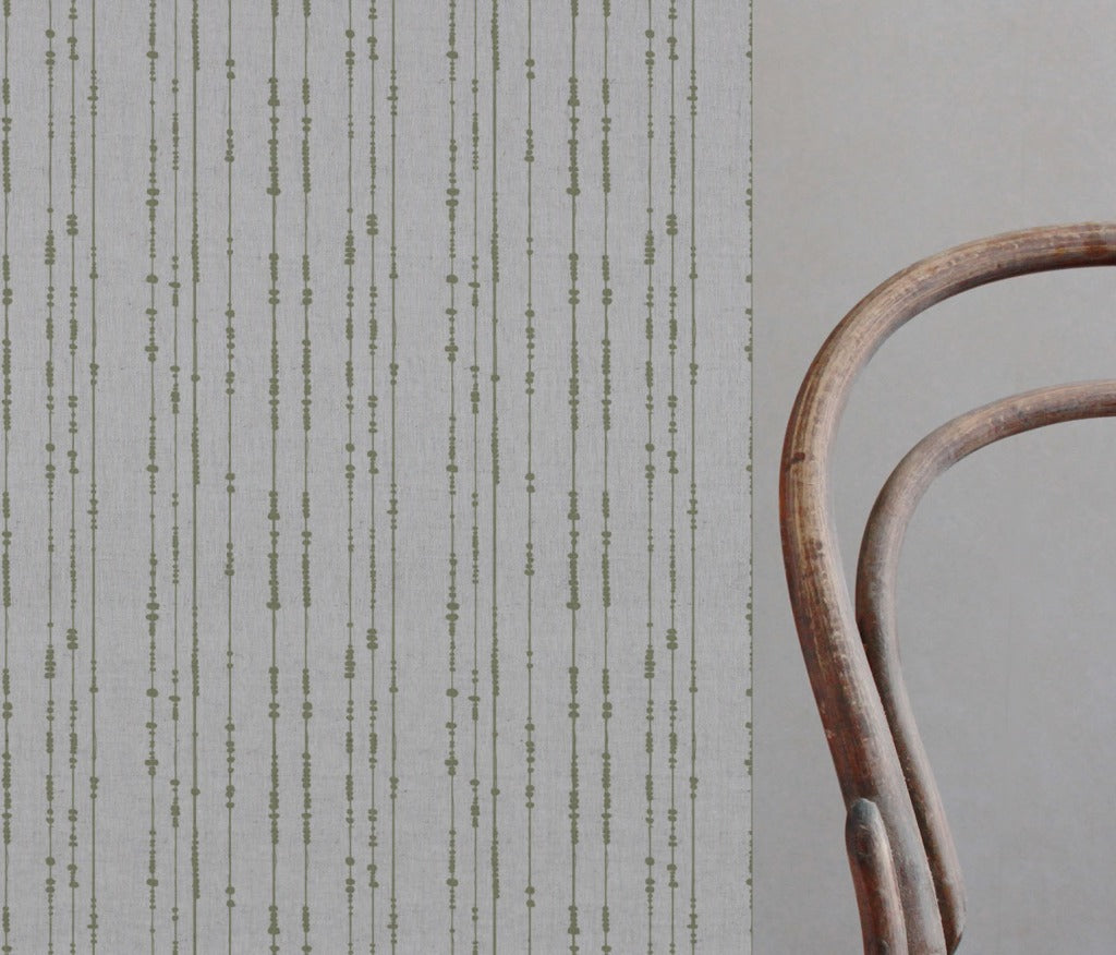 Green Patterned Linen Curtain Fabric - Pearls Olive - Natural base fabric.