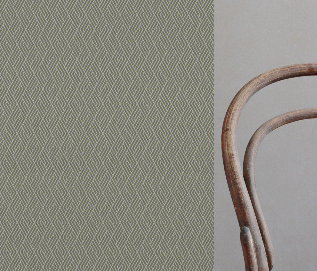 Green Patterned Linen Curtain Fabric - Vera Olive - Natural base fabric.
