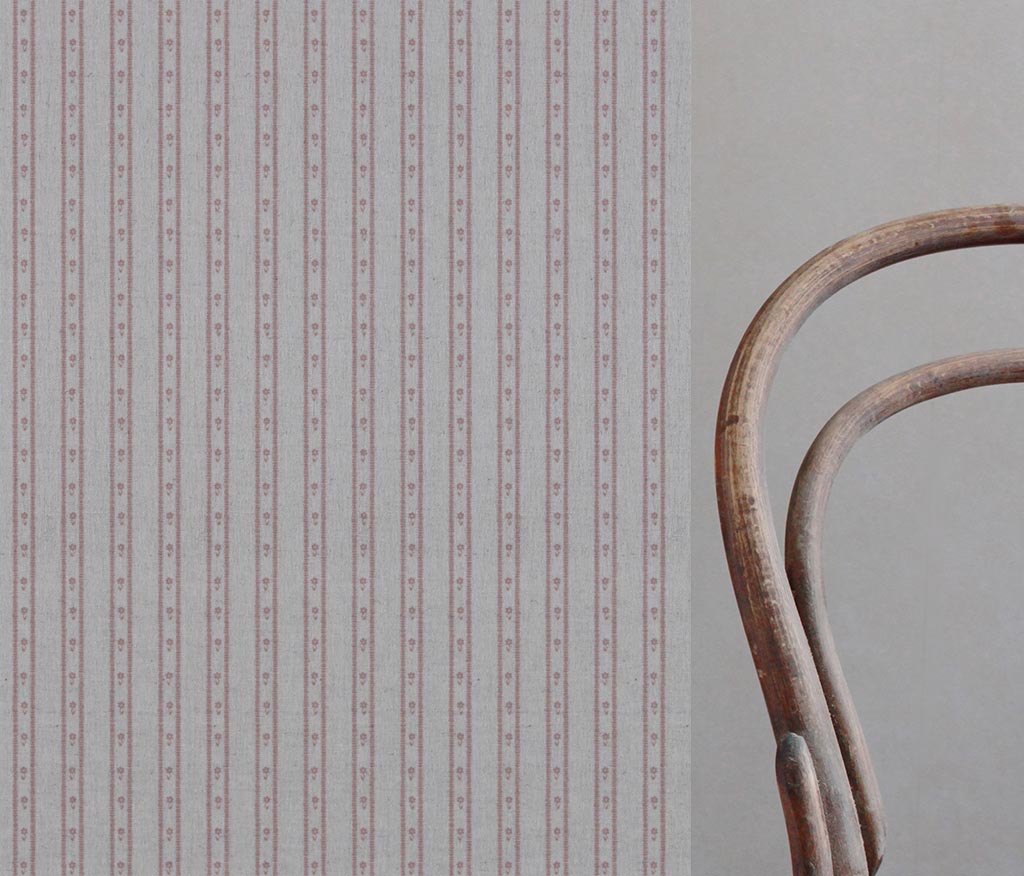 Pink Floral Stripe Linen Curtain Fabric - Silvian Dusty Pink - Natural base fabric.