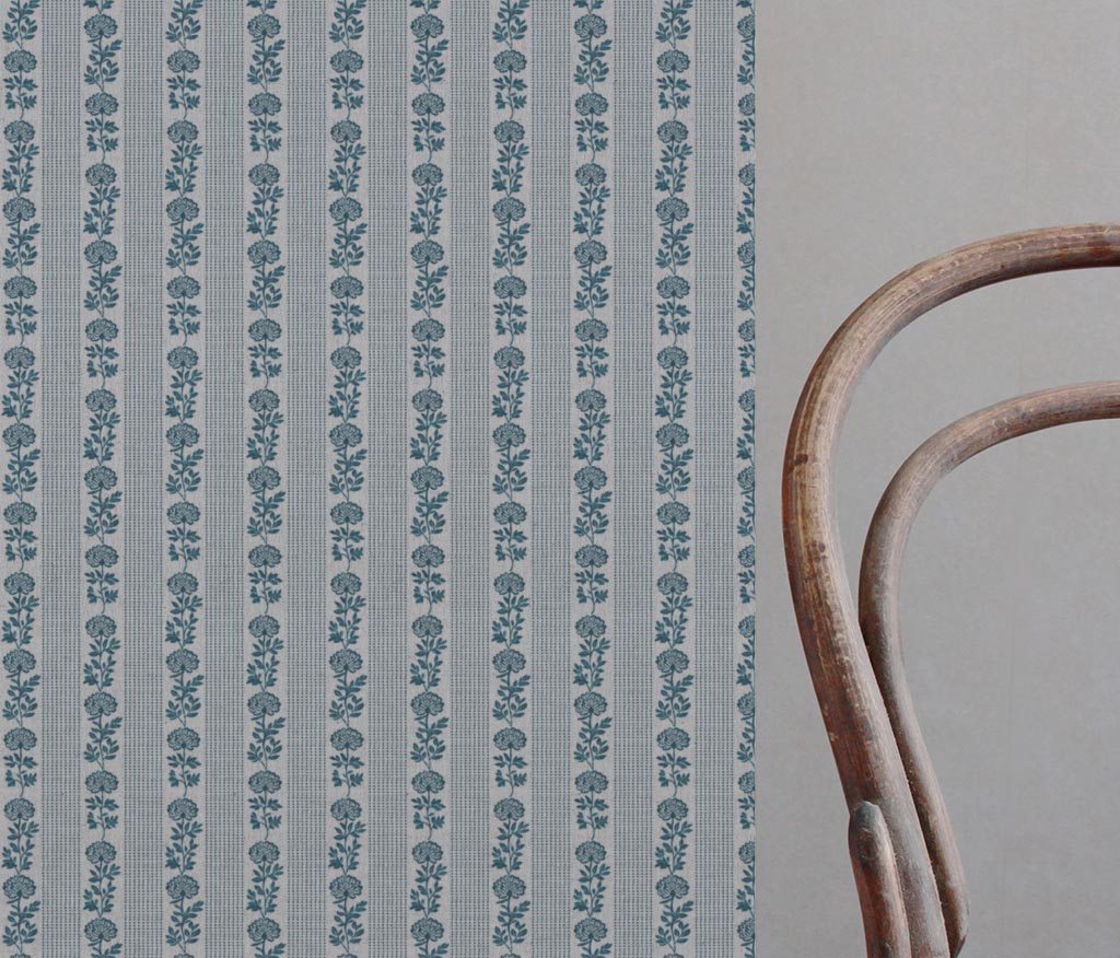 Blue Floral Stripe Linen Curtain Fabric - Skye Blue Stone - Natural base fabric.