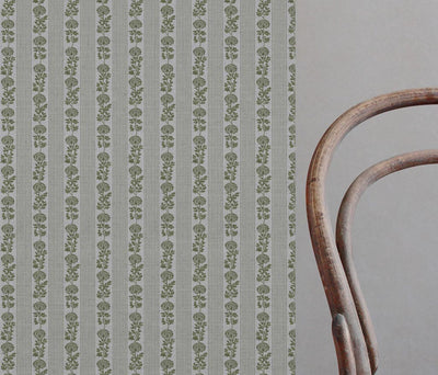 Green Floral Stripe Linen Curtain Fabric - Skye Khaki - Natural base fabric.