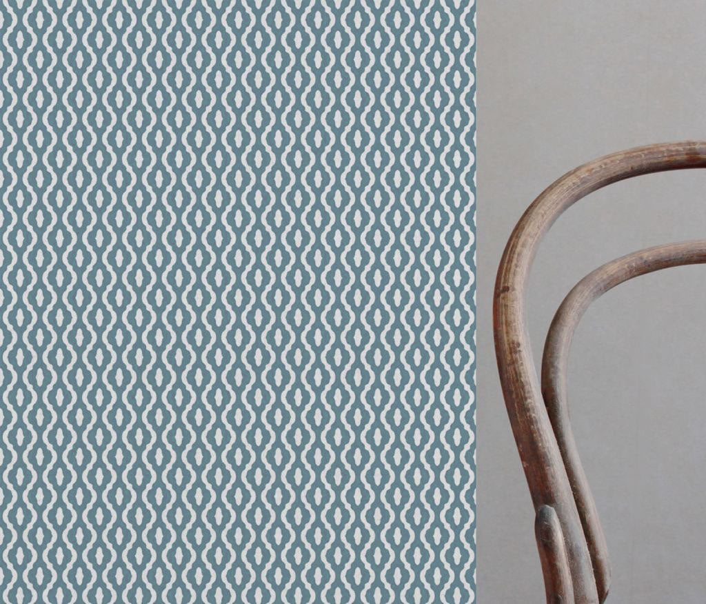 Blue Patterned Linen Fabric - Oona Marine - White base fabric.