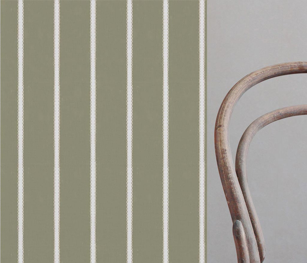 Green Striped Linen Curtain Fabric - Franny Moss-WHT - White base fabric.