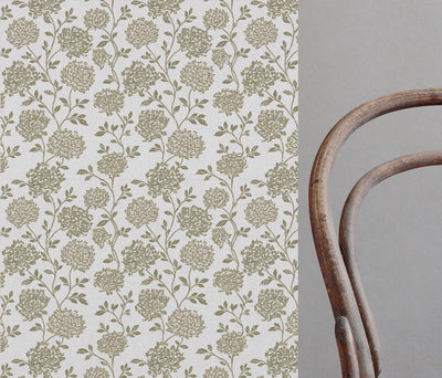 Green Floral Linen Curtain Fabric - Hulsey Moss-WHT - White base fabric.