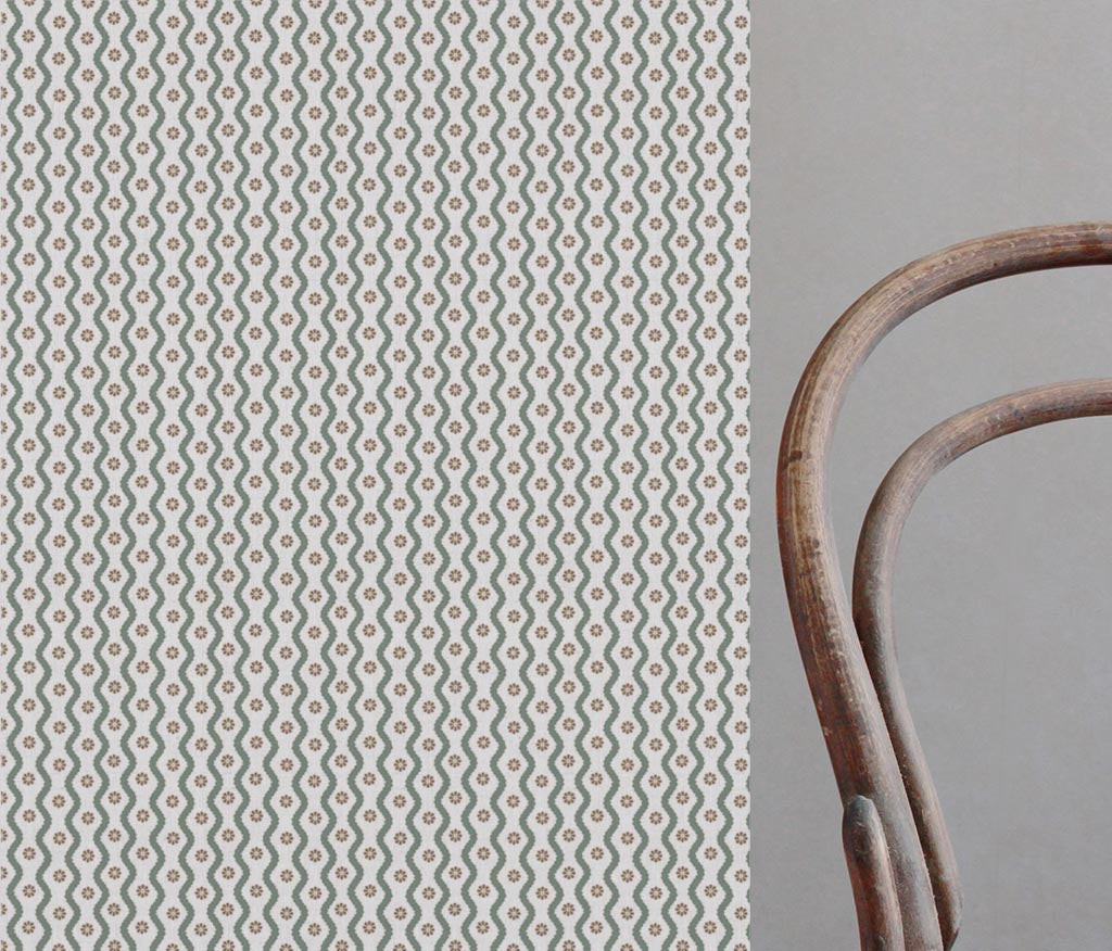 Light Green Abstract Linen Curtain Fabric - Kirabe Sage-WHT - White base fabric.