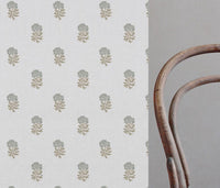 Light Green Floral Linen Curtain Fabric - Pearlie Sage-WHT - White base fabric.
