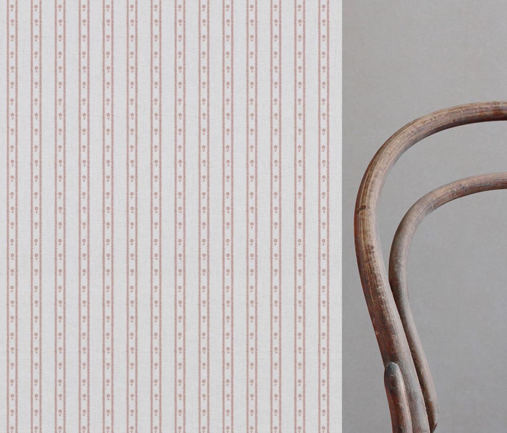 Pink Floral Stripe Linen Curtain Fabric - Silvian Peony-WHT - White base fabric.