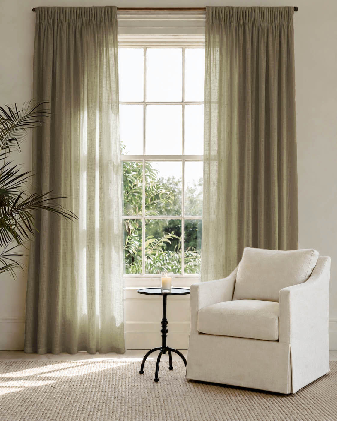 Made To Measure Curtains in Linen Fabric. Semi Sheer Curtains in pure Moss Green linen