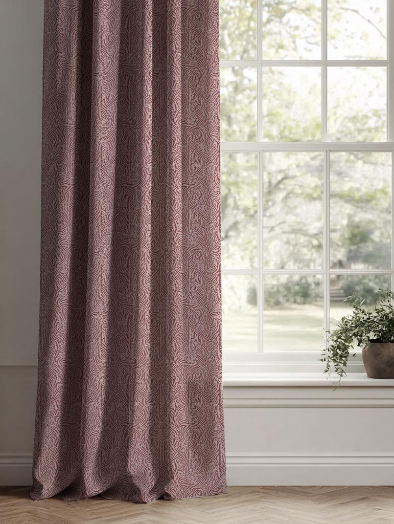 Red Patterned Linen Curtain - Alma Wine - Natural base fabric.