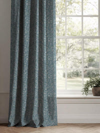 Blue Floral Linen Curtain - Cheye Blue Stone - Natural base fabric.