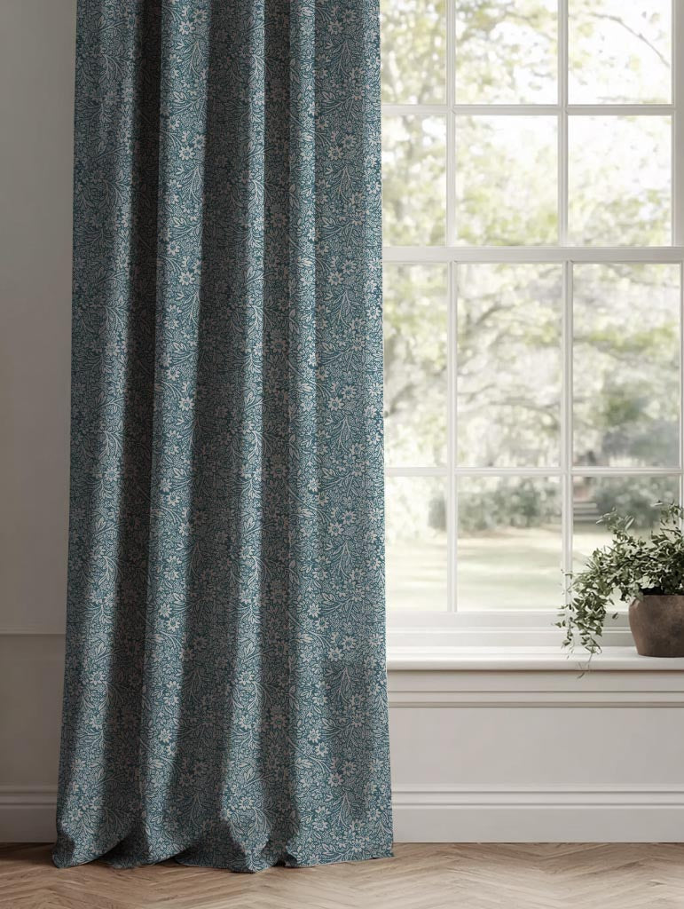 Blue Floral Linen Curtain - Cheye Blue Stone - Natural base fabric.