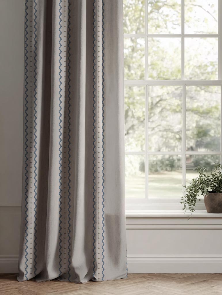 Blue and Brown Patterned Linen Curtain Fabric - Daphne Denim - Natural base fabric.