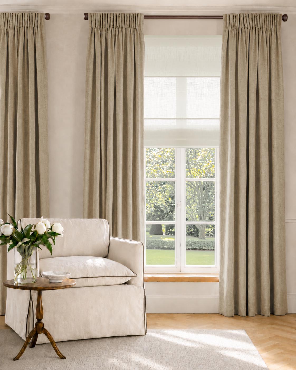 Beige / Brown Linen Curtains with cotton lining. Living room curtains made of Linen fabric - Charlotte Sandshell