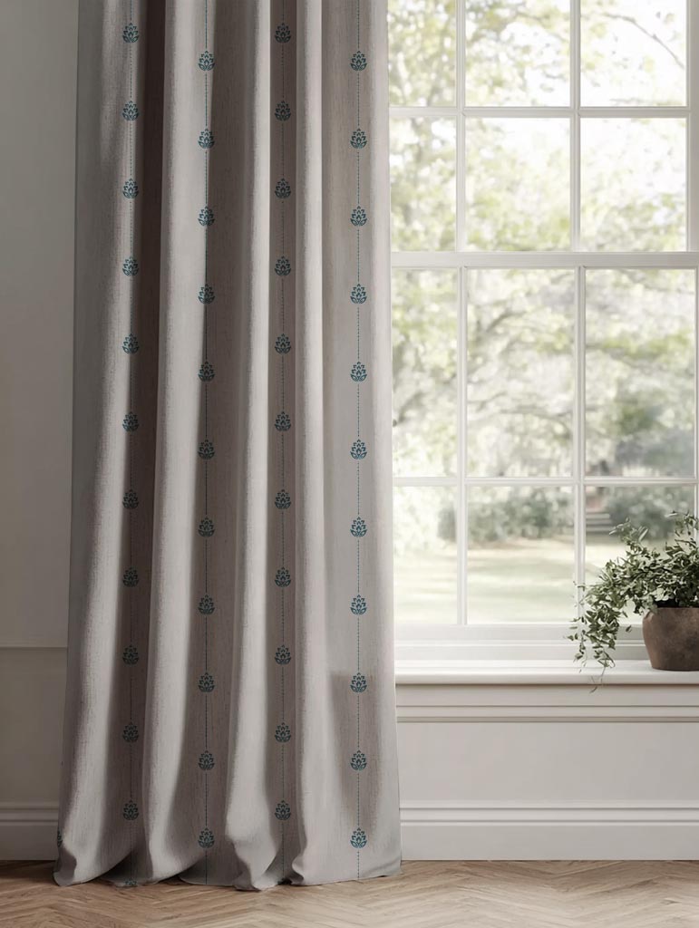 Blue Patterned Stripe Linen Curtain - Maybel Blue Stone - Natural base fabric.
