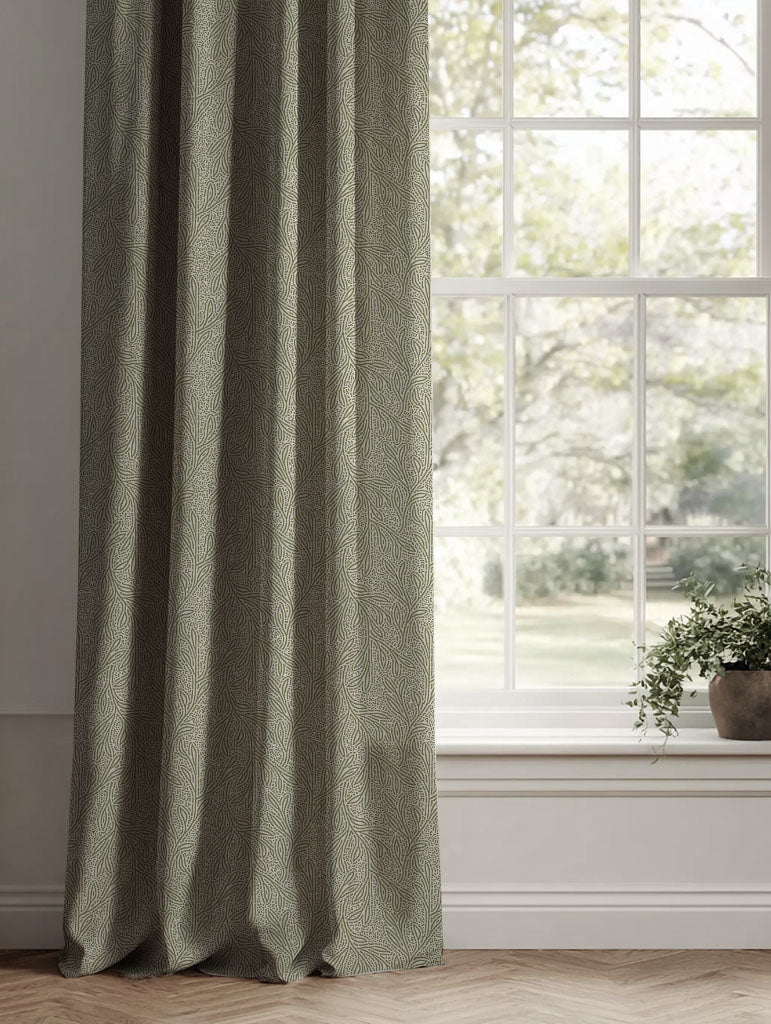 Green Botanical Linen Curtains - Alma Khaki - Natural base fabric.