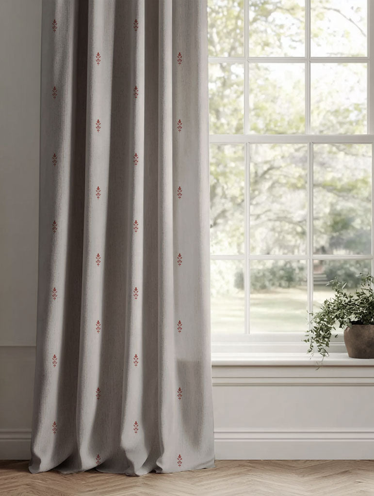 Red Floral Linen Curtains - Asli Crimson Red - Natural base fabric.