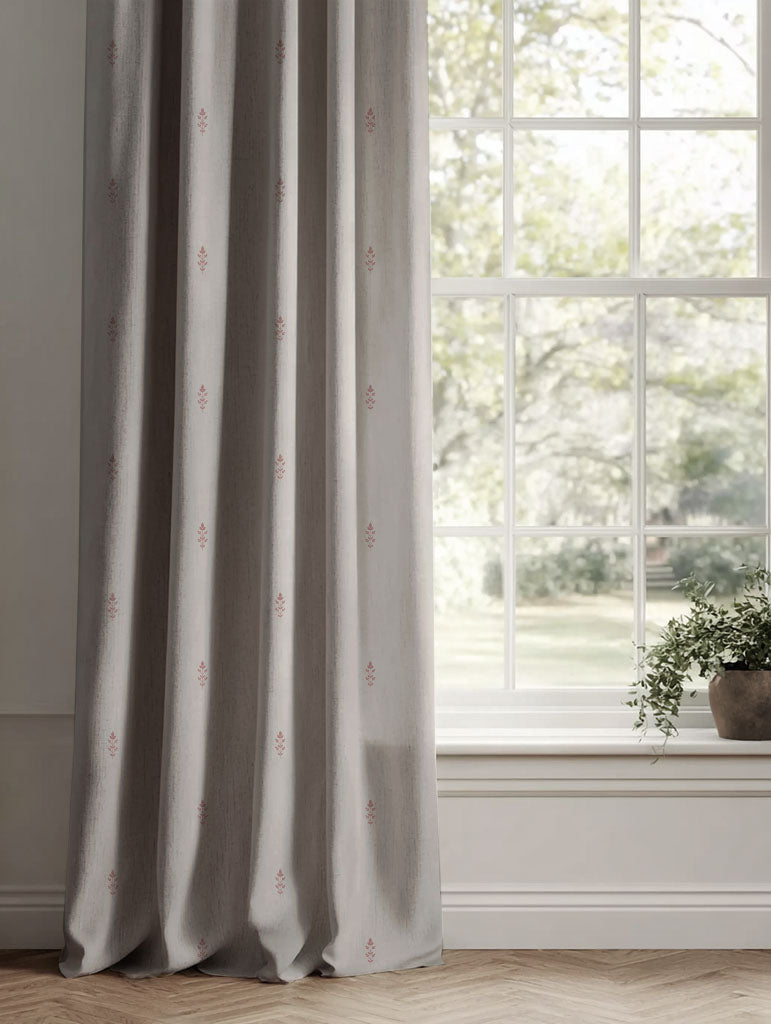 Pink Floral Linen Curtains - Asli Dusty Pink - Natural base fabric.