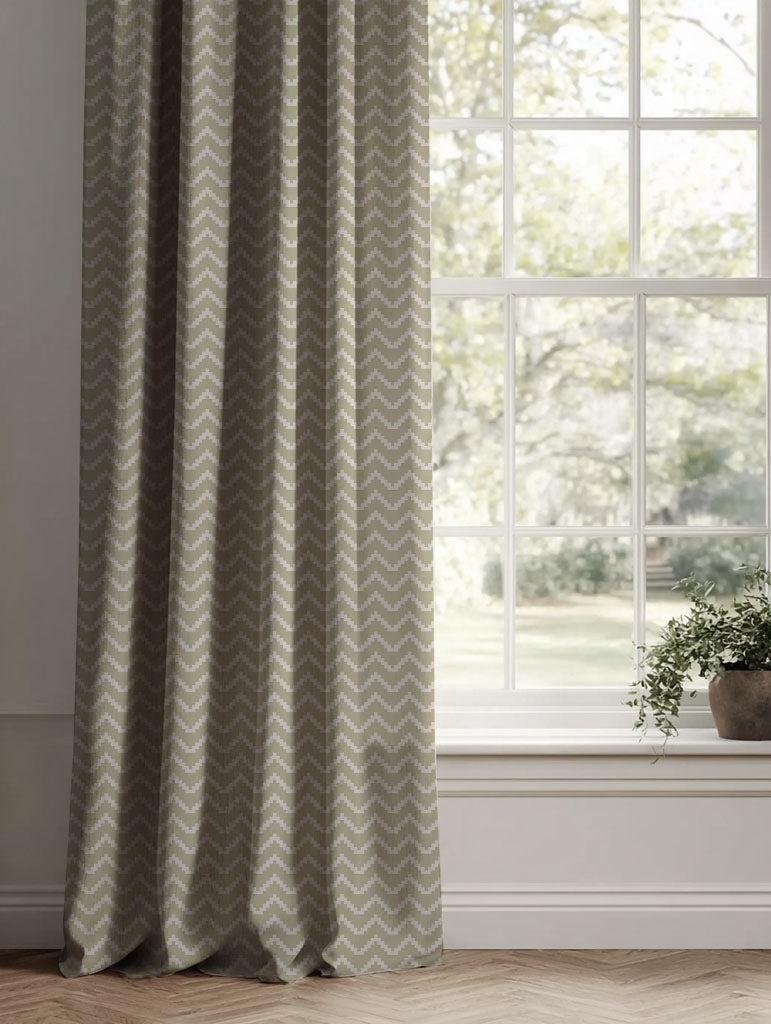 Neutral / Brown Patterned Linen Curtains - Azig Taupe Mist - Natural base fabric.