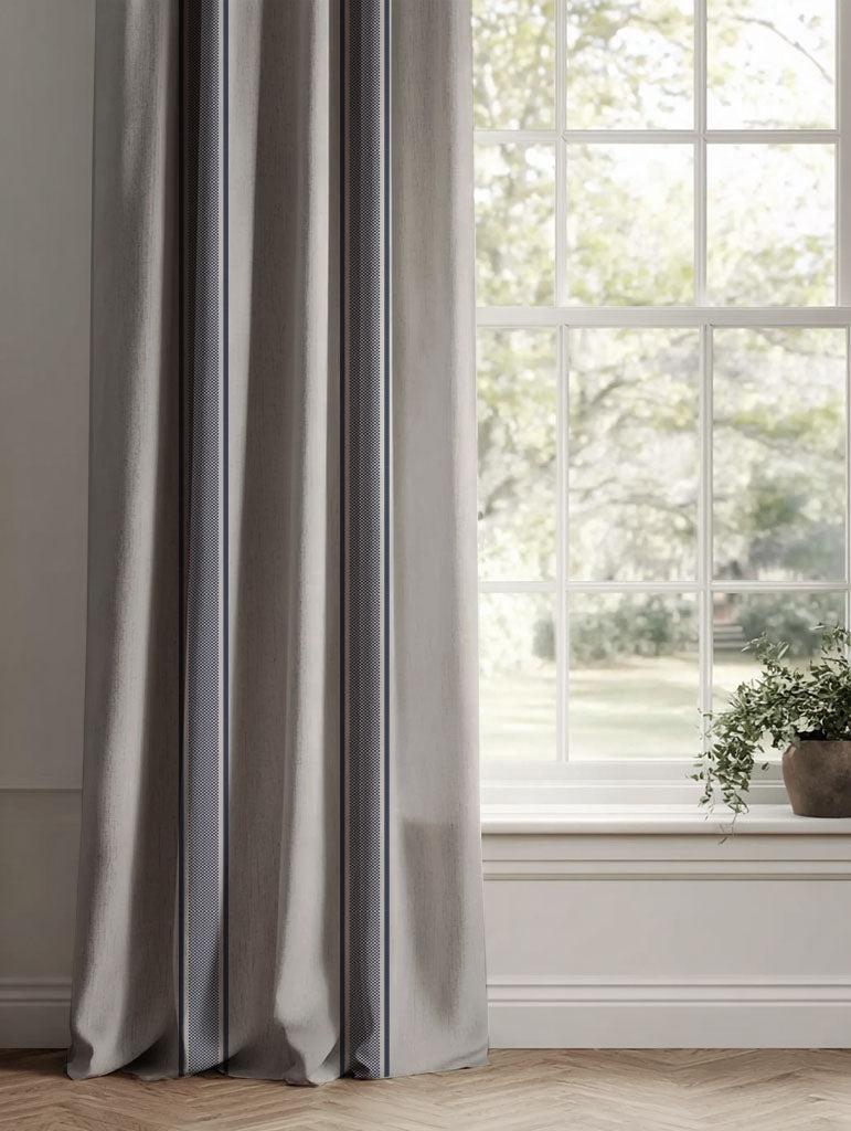 Blue Striped Linen Curtains - Bella Deep Blue - Natural base fabric.