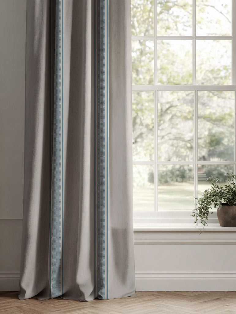 Blue Striped Linen Curtains - Bella True Blue - Natural base fabric.