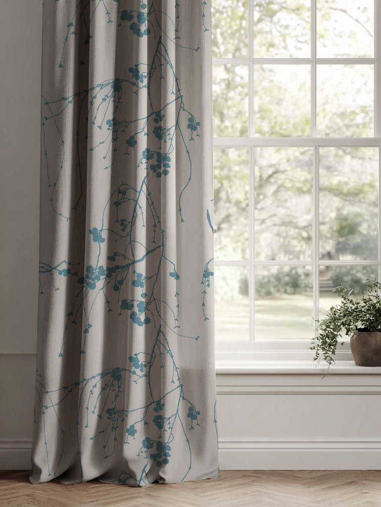 Blue Patterned Linen Curtains - Berry Marine - Natural base fabric.