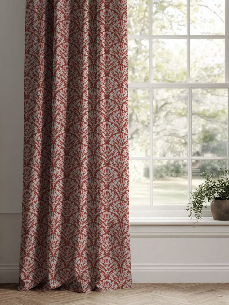 Red Botanical Linen Curtains - Birna Crimson Red - Natural base fabric.