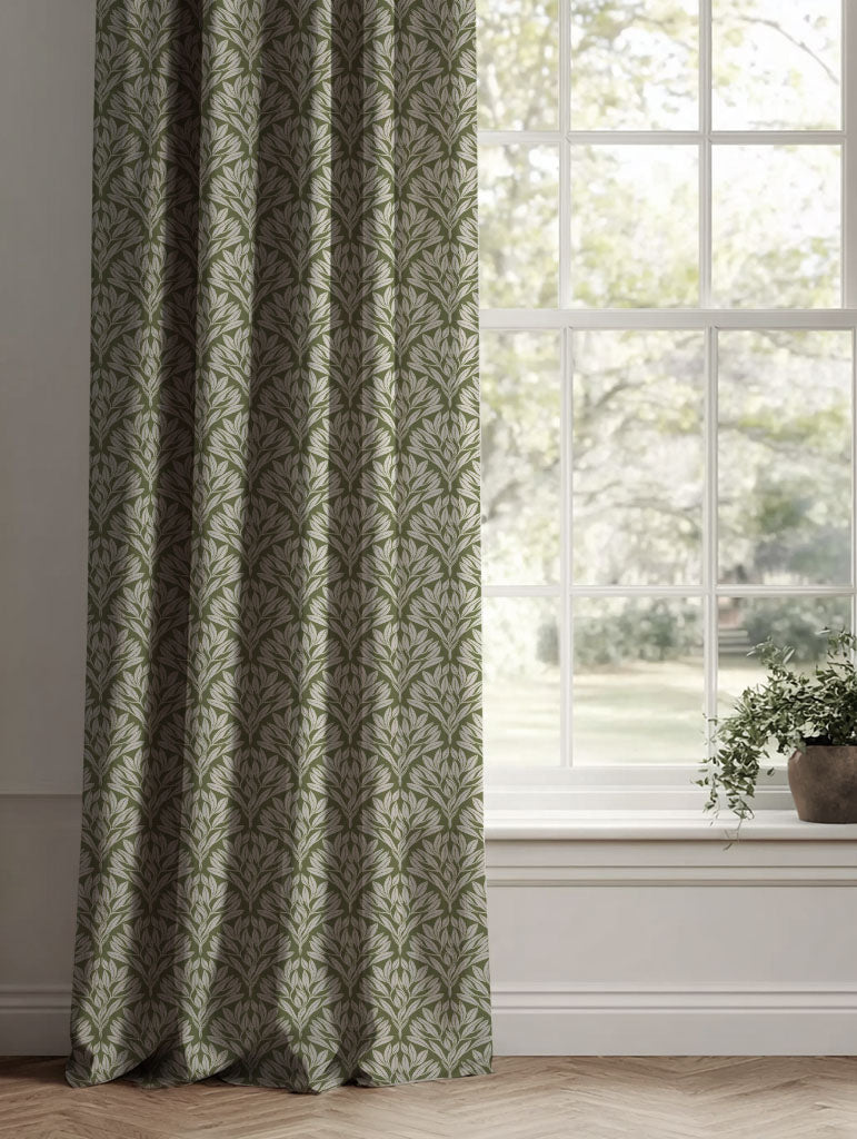 Green Botanical Linen Curtains - Birna Khaki - Natural base fabric.