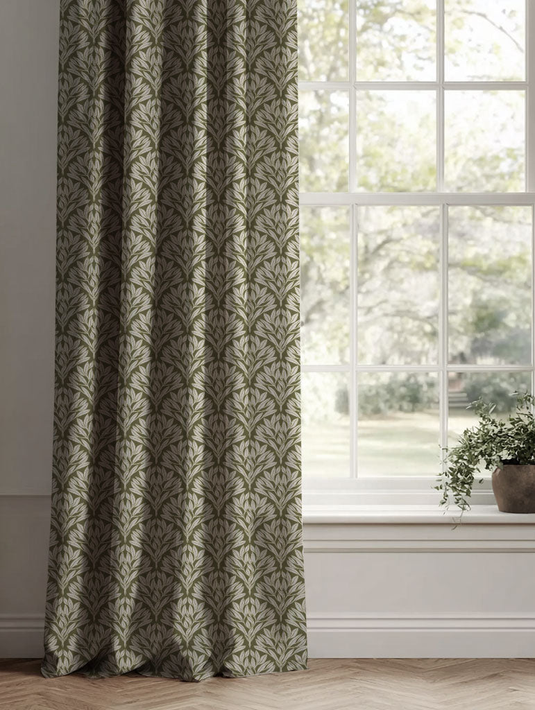 Green Botanical Linen Curtains - Birna Seaweed - Natural base fabric.