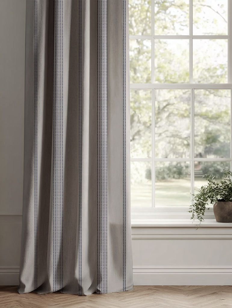 Blue Striped Linen Curtains - Brea Deep Blue  - Natural base fabric.