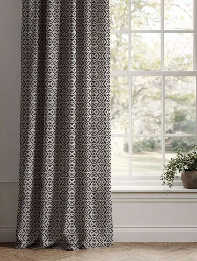 Black Patterned Linen Curtains - Brita Black - Natural base fabric.
