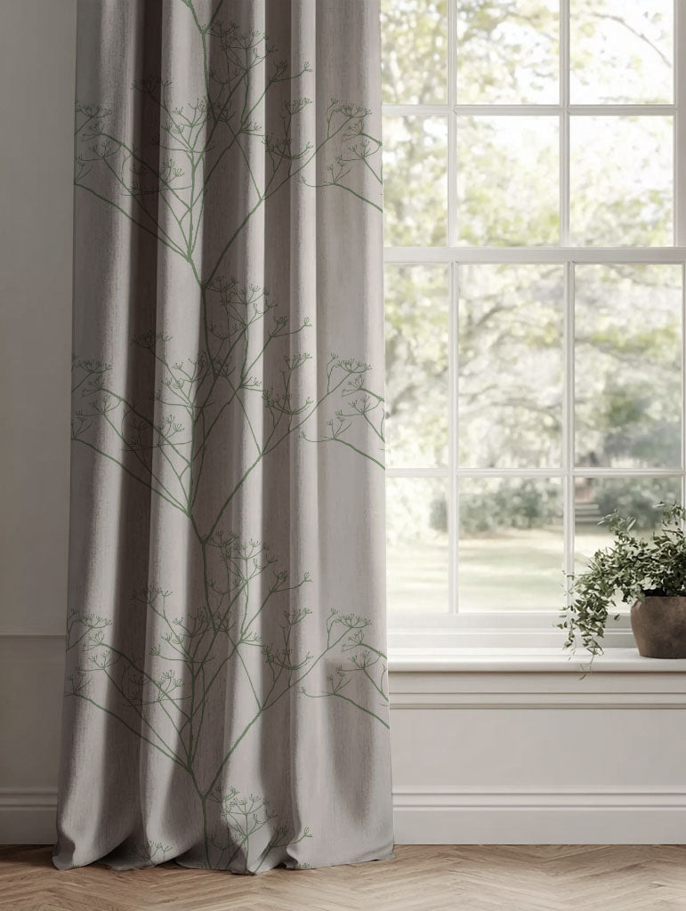 Green Floral Linen Curtains - Chervil Jade Mist - Natural base fabric.
