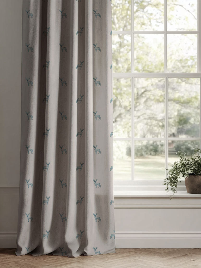 Blue Patterned Linen Curtains - Deer Blue Stone - Natural base fabric.