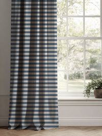 Blue Striped Linen Curtains - Della Denim - Natural base fabric.
