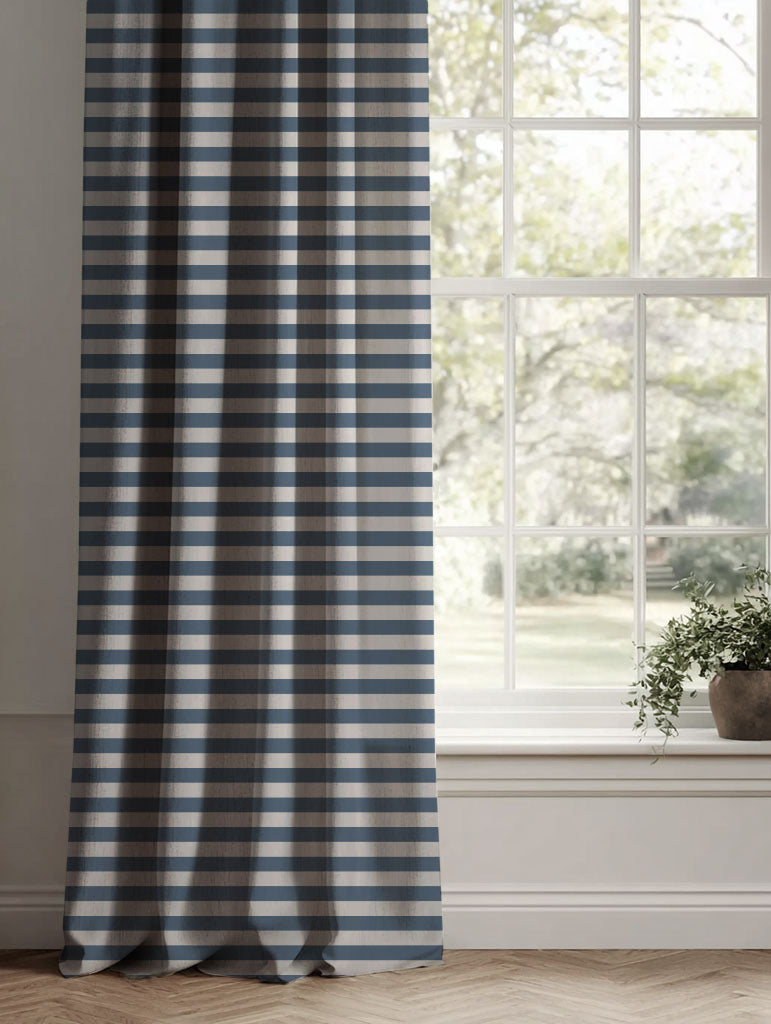 Blue Striped Linen Curtains - Della Denim - Natural base fabric.
