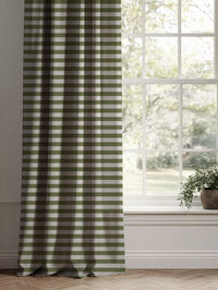 Green Striped Linen Curtains - Della Khaki - Natural base fabric.