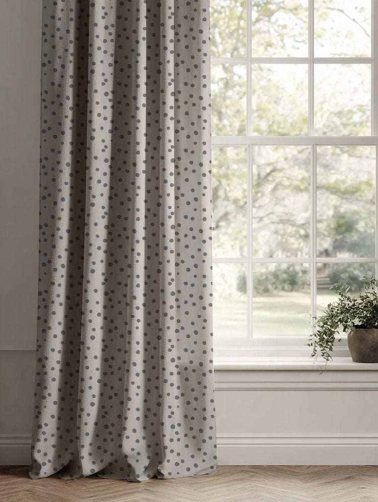 Grey Kids Spotted Linen Curtains - Dottie Ash - Natural base fabric.