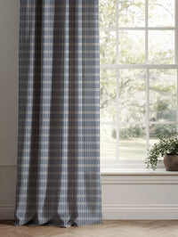 Blue Patterned Linen Curtains - Egenia Night Blue - Natural base fabric.