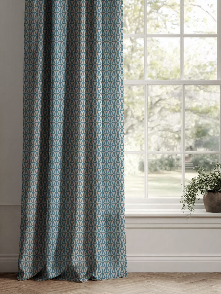 Blue Patterned Linen Curtains - Elva Marine - Natural base fabric.