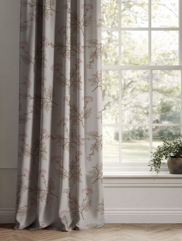 Pink / Brown Botanical Linen Curtains - Emmy Dusty Pink - Natural base fabric.