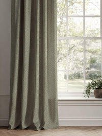 Green Botanical Linen Curtains - Erica Khaki - Natural base fabric.