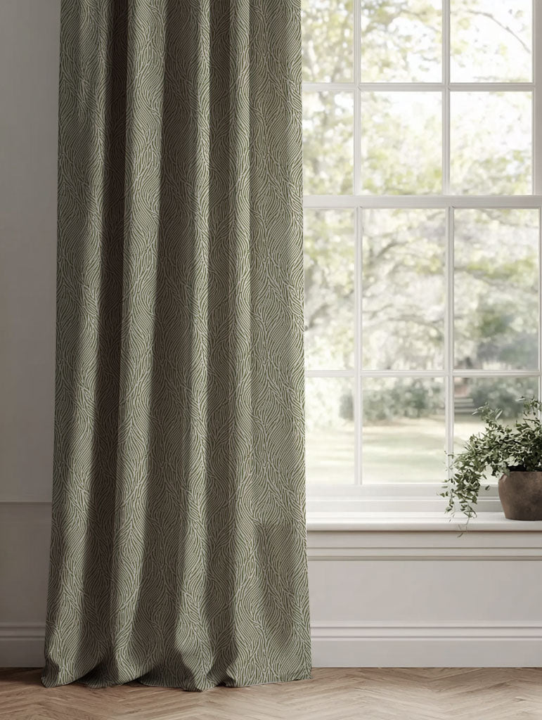 Green Botanical Linen Curtains - Erica Khaki - Natural base fabric.