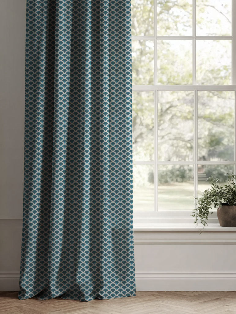 Blue Patterned Linen Curtains - Erle Blue Stone - Natural base fabric.