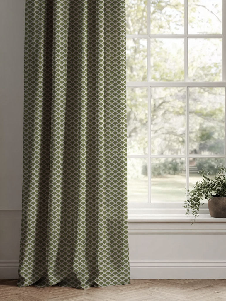 Green Patterned Linen Curtains - Erle Khaki - Natural base fabric.